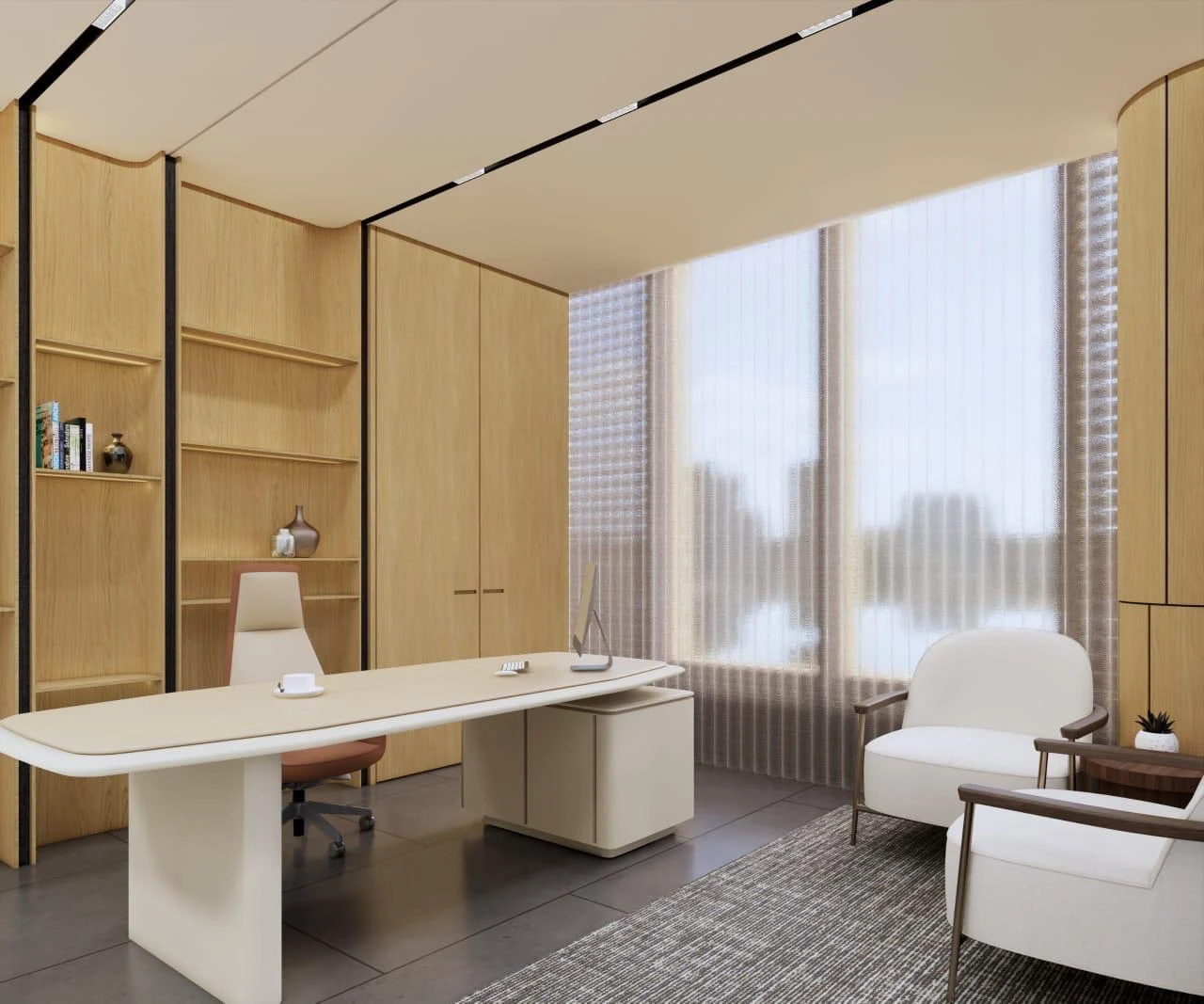 Office interior with pale timber finishes, tall windows and a white desk